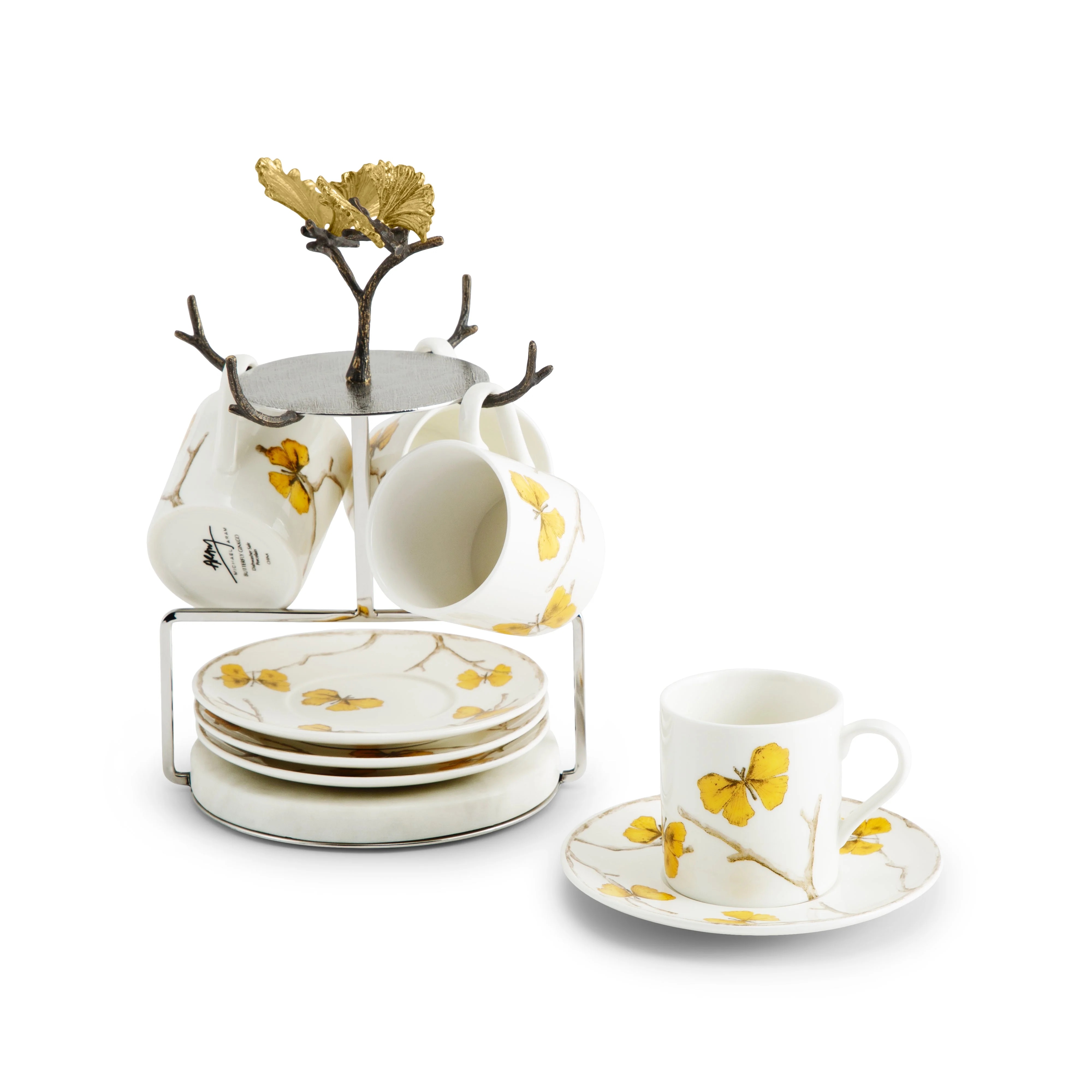 Set of 4 coffee cups & saucers with stand