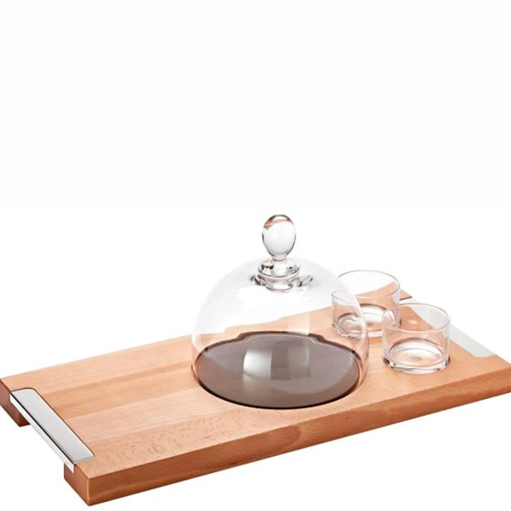 Cheese set (wooden board, glass dome and bowls)